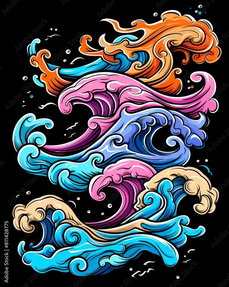 A vibrant, colorful wave illustration on a dark background