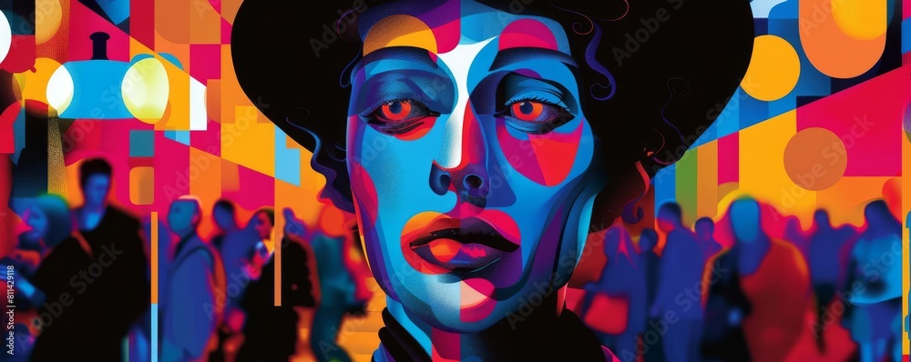 abstract, stylized graphic of a mime performing in a busy urban square, with exaggerated expressions and movements highlighted in bold, surreal colors