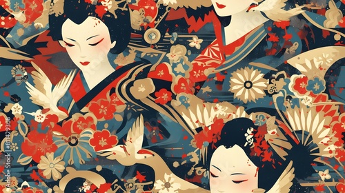 seamless pattern of japanese geisha woman with kimono abstrack gouache painting for fabric design, art print, textiles, wallpaper, and more