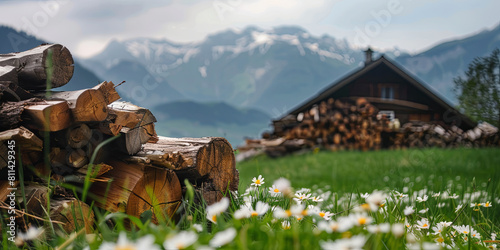 close up photo of a cut wood pile in front, with the beautiful Swiss Alps in the background, generative AI