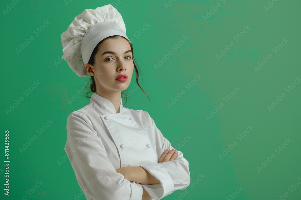 portrait of female chef isolated on green background. portrait of female chef isolated on green background.