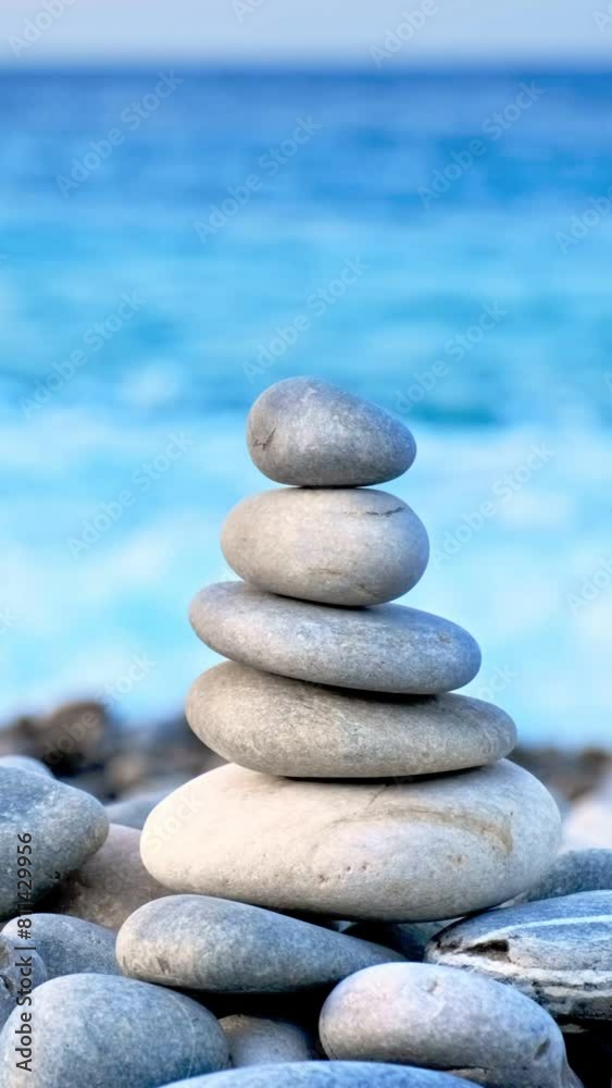 Zen meditation background - balanced stones stack cairn close up on sea beach Zen meditation background - balanced stones stack cairn close up on sea beach