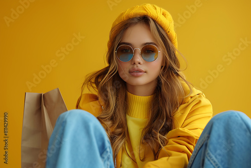 A vibrant young woman in sunglasses sits in a shopping cart, holding paper bags against a yellow background, exuding shopping joy