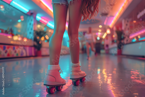  In a vibrant roller skating rink, a beautiful woman gracefully glides on roller skates, exuding confidence and joy amidst colorful lights and energetic ambiance