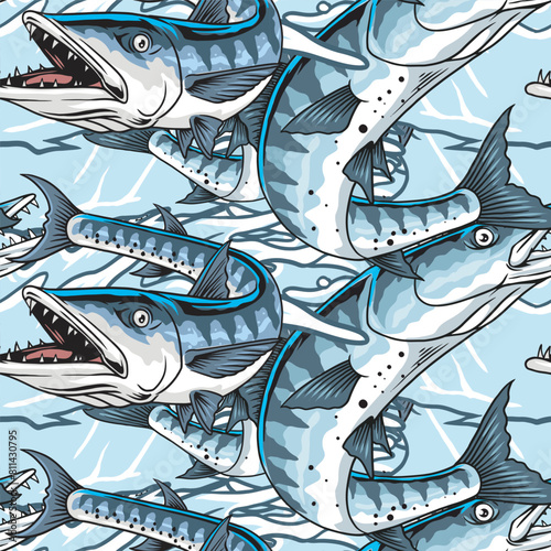 Vector Illustration of Barracuda Fish and Waves with Vintage Illustration Available for Pattern