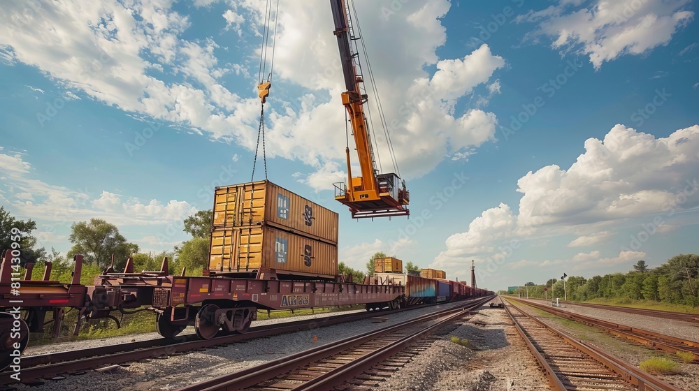 A crane loading heavy cargo onto a freight train for transportation across the country A crane loading heavy cargo onto a freight train for transportation across the country
