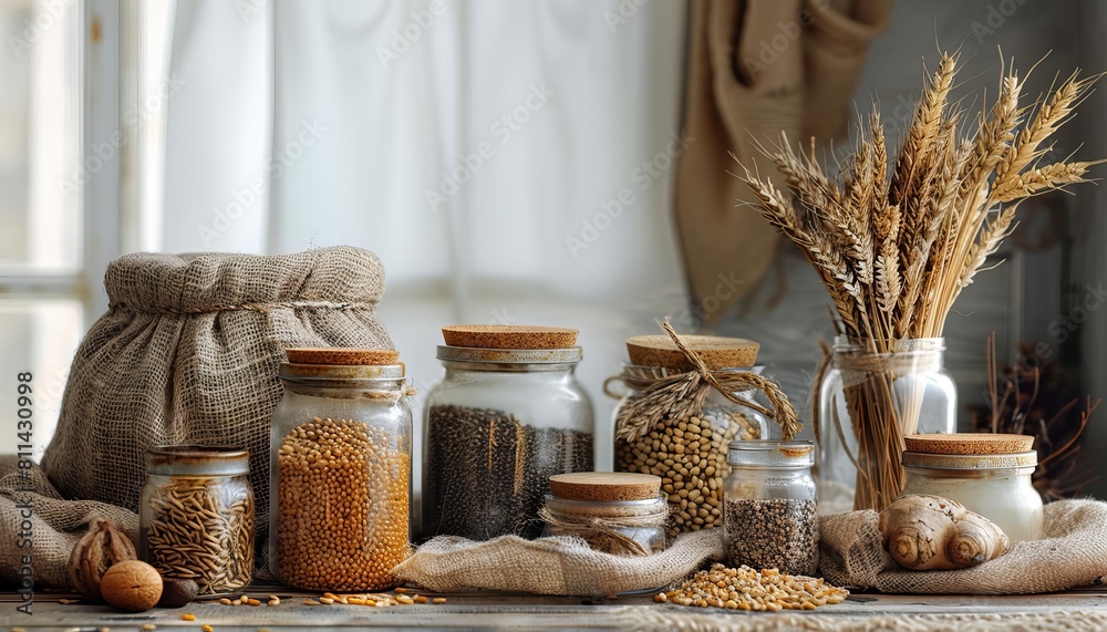 A creative arrangement of grain jars on a patterned cloth, designed specifically for banner use with copyspace A creative arrangement of grain jars on a patterned cloth, designed specifically for banner use with copyspace