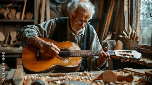 A craftsman in a workshop, handcarving a wooden acoustic guitar, surrounded by tools and wood shavings