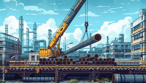 A crane lifting a bundle of pipes onto a conveyor belt for processing in a factory