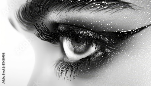 A cropped image of a womans eye with mascara applied, isolated against a white background to emphasize the dramatic effect