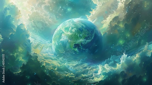 dreamy watercolorstyle painting of a habitable exoplanet from orbit, showing lush green continents and deep blue oceans beneath swirling clouds photo