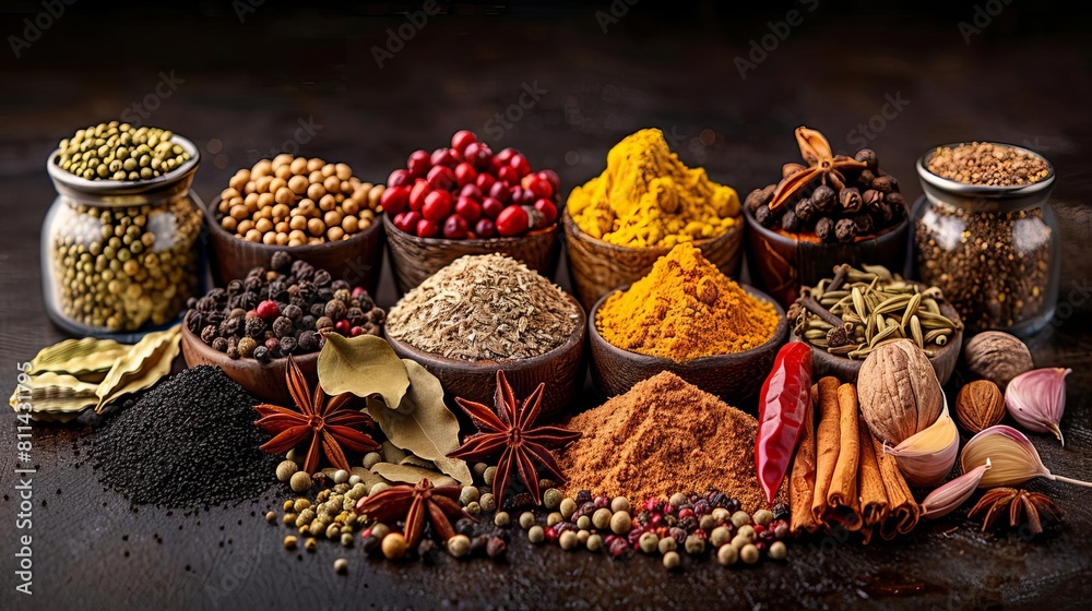 Exotic Spices A colorful array of spices arranged on a dark background, highlighting their unique flavors and aromas