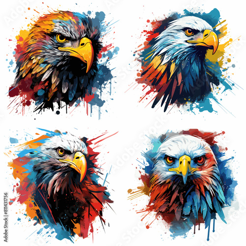 Powerful eagle portraits with expressive strokes and splattered paint style, showcasing the fierce majesty of these birds.
