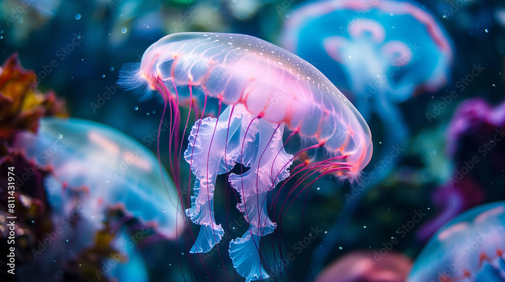 Naklejka premium A close-up of a fluorescent jellyfish in an aquarium, vibrant, hd, with copy space