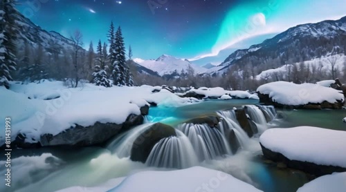 Winter nature scene at the waterfall with snow mountain and aurora light