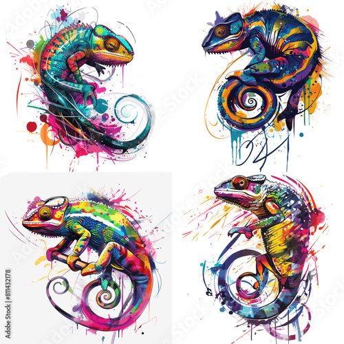 Graffiti-style colorful chameleons featuring abstract paint effects and swirling tails, ideal for vibrant design projects.