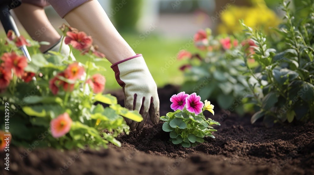 Woman putting beautiful flowers into the ground in the garden, arranging the garden, planting flowers in the garden, Woman putting beautiful flowers into the ground in the garden, arranging the garden, planting flowers in the garden,