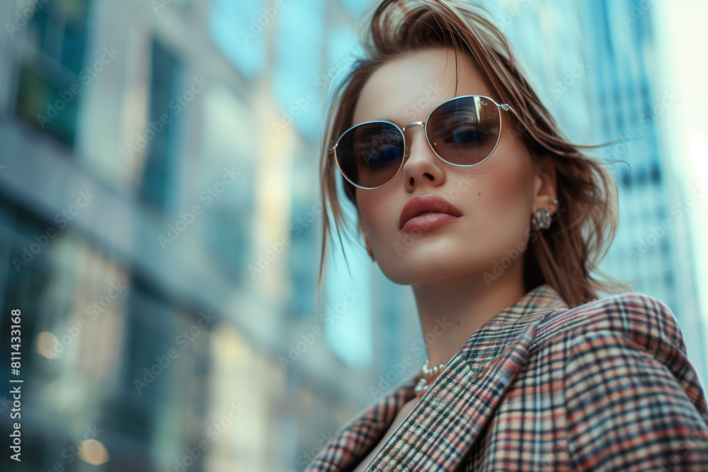 Luxurious fashionable young woman in the city, copy space of a woman wearing sunglasses and a plaid jacket stands in front of a building Luxurious fashionable young woman in the city, copy space of a woman wearing sunglasses and a plaid jacket stands in front of a building