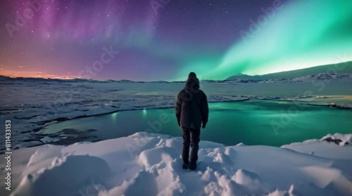 Boy Standing on a Hill Looking at the Northern Lights