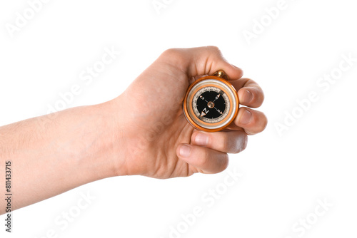 Man holding compass on white background, closeup