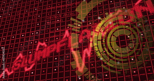 Image of red slumpflation text, graph and grid with scanner processing on black background