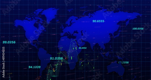 Image of numbers and world map in navy space