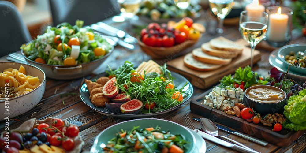 Mediterranean diet food on a wooden table salad fresh fruits fig bread Mediterranean diet food on a wooden table salad fresh fruits fig bread
