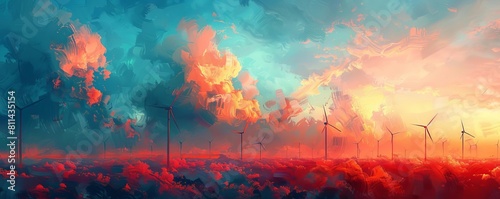 abstract concept of wind turbines floating on clouds  styled as a surreal  dreamy watercolor painting