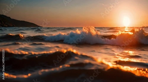 heavy sea waves with a sunset sky