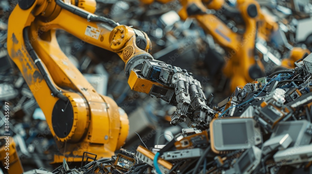 Close-up of a robot sorting through piles of old electronics at a recycling plant, focusing on the concept of e-waste recycling Close-up of a robot sorting through piles of old electronics at a recycling plant, focusing on the concept of e-waste recycling