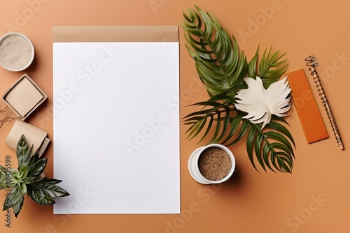 A white sheet of notebook on a wooden desk. Office mockup  top view