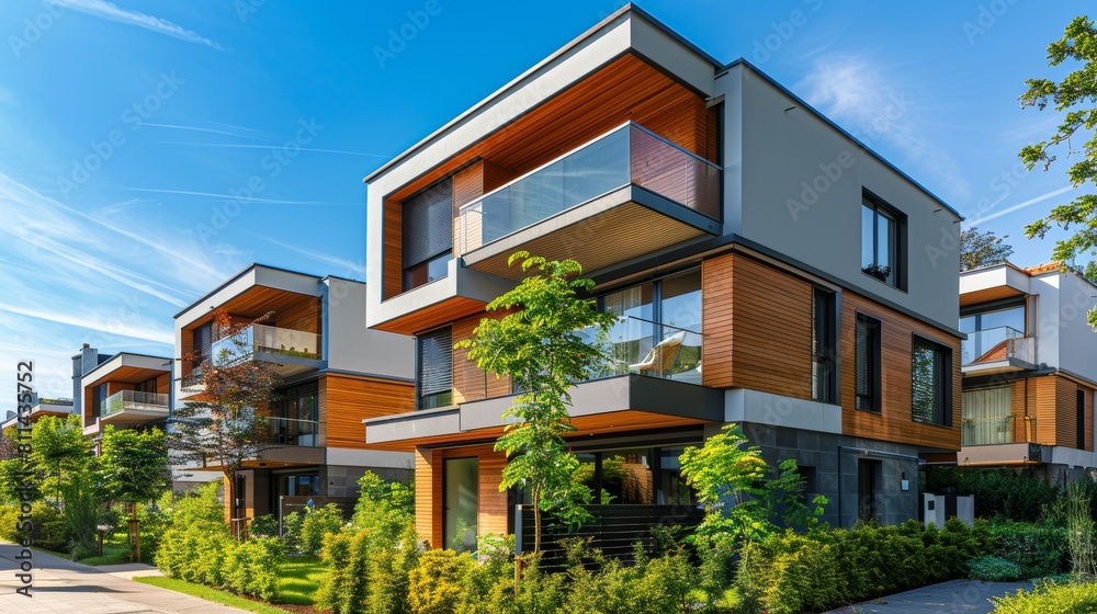 Close-up of a new multi-story house, basking in bright daylight with clear skies above, emphasizing the modern design and clean lines