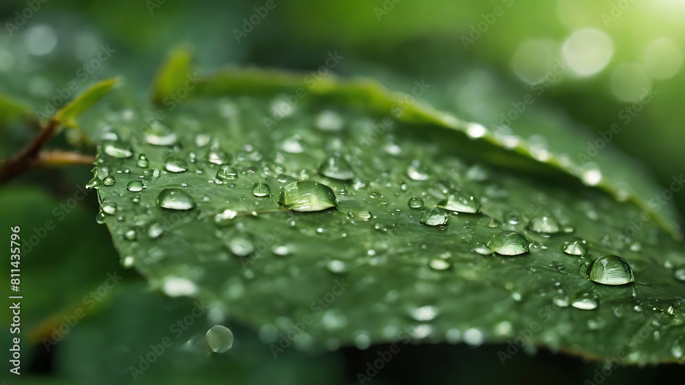 Large beautiful drops of transparent rain water on a green leaf Large beautiful drops of transparent rain water on a green leaf