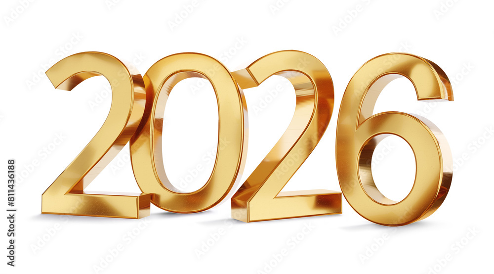year 2026 golden symbol isolated on white golden gold metallic, new year and change, luxury glossy elegance bold number 3d-illustration