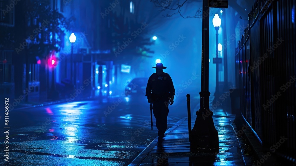 Lone police officer walking in blue night shadow, aesthetic look