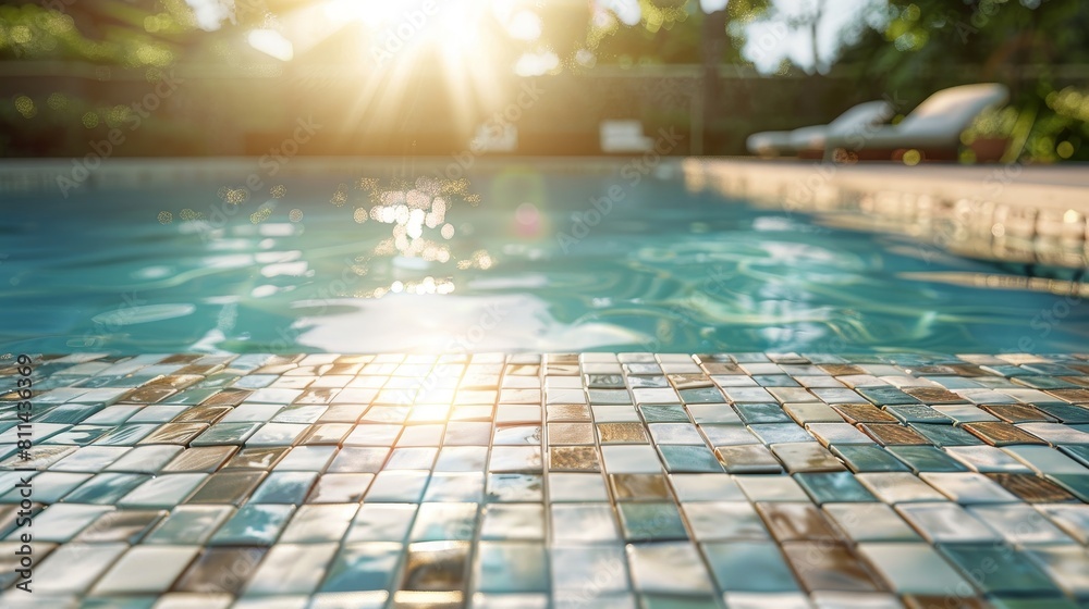 Bright, sunlit ceramic mosaic table, swimming pool blurred in the background, focusing on clear design patterns for a serene vibe