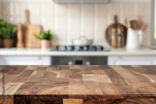 Wood table top on blur kitchen counter  room background.For montage product display or design key visual layout - generative ai