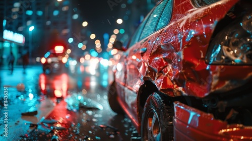 Broken bumpers, shattered windshields, and car damage from an accident at a city intersection, captured in close-up under bright lighting photo