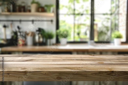 Wood table top on blur kitchen counter (room)background.For montage product display or design key visual layout - generative ai © Nia™