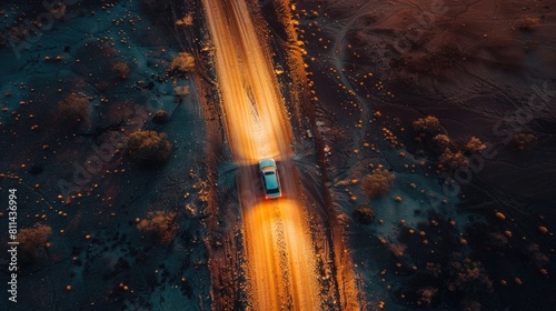 long exposure drone image showing vehicle taillights on a corrugated road, tanami desert, northern territory, australia photo