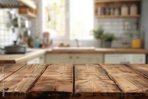 Wood table top on blur kitchen counter (room)background.For montage product display or design key visual layout - generative ai