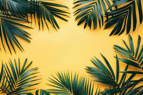 green palm leaves framing  on yellow background on summer concept 