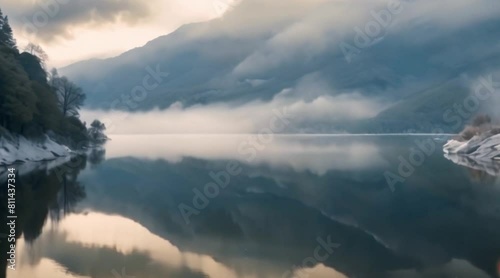 Flying through mist over a glasslike loch Ness towards snowcovered mountains