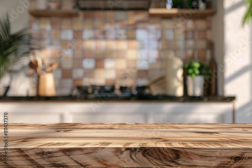 Wood table top on blur kitchen counter  room background.For montage product display or design key visual layout - generative ai