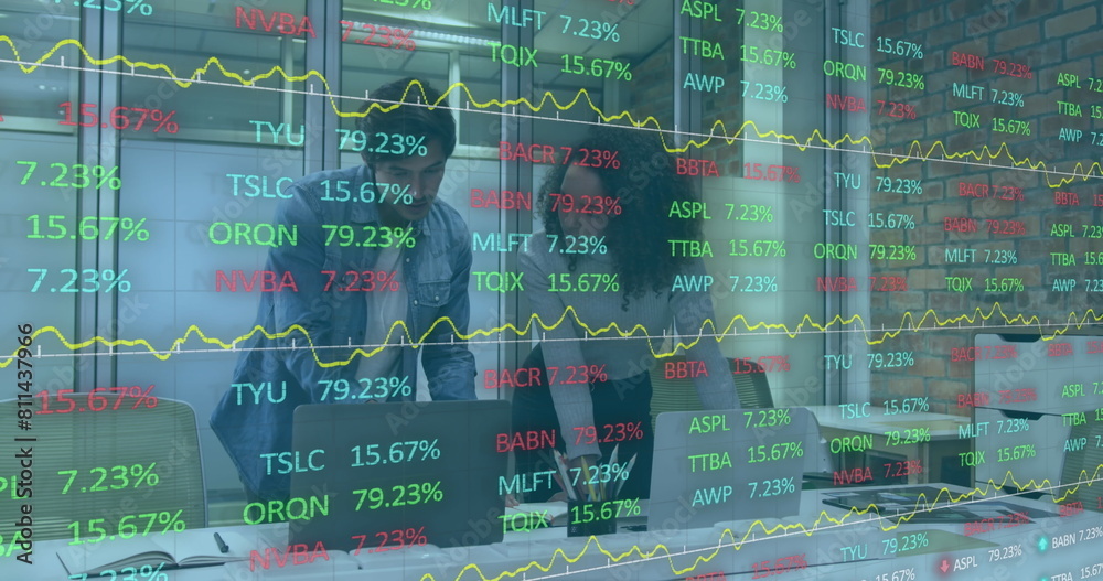 Image of trading board over diverse coworkers sharing ideas and shaking hands in office Image of trading board over diverse coworkers sharing ideas and shaking hands in office