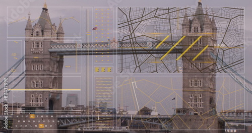 Photography Image of interface with data processing against aerial view of london bridge