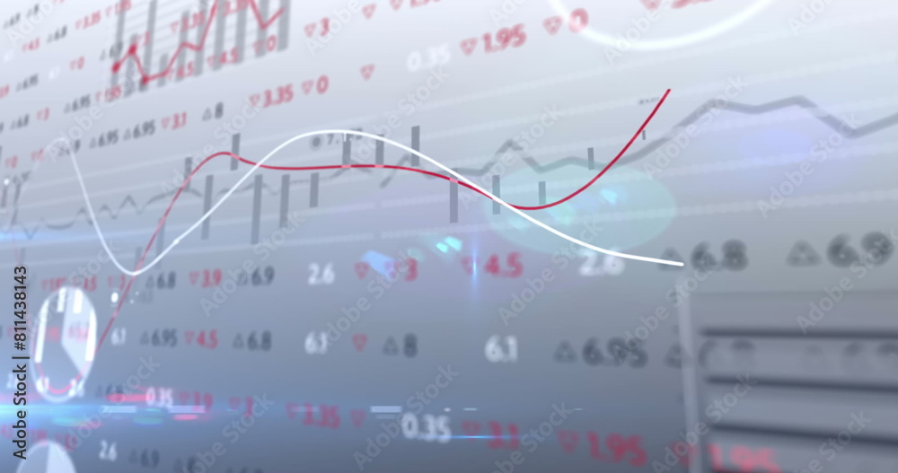 Fototapeta premium Image of stock market data processing against spots of light on grey background