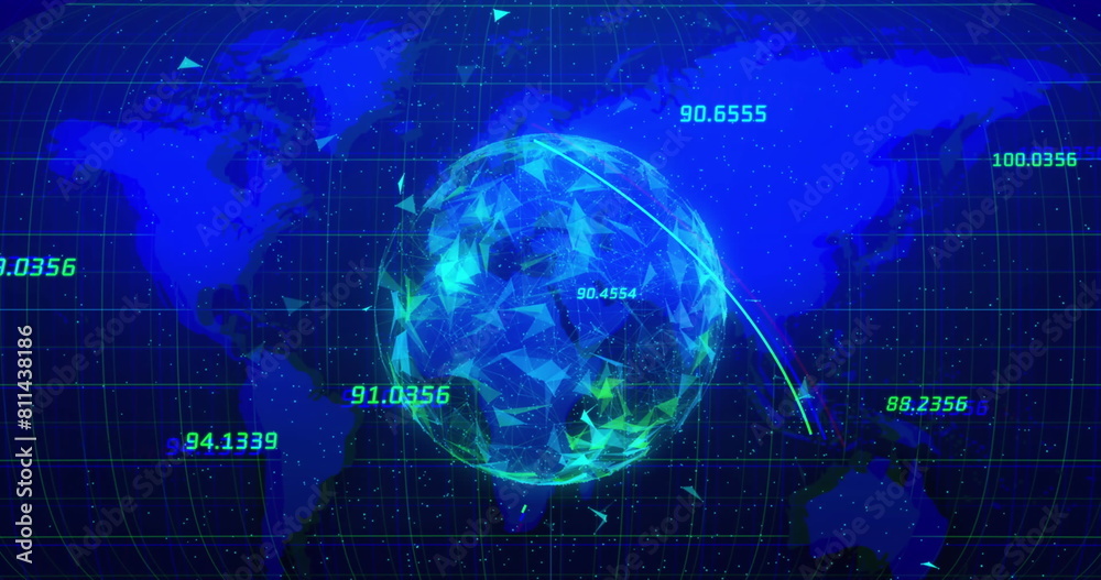 Image of globe of plexus networks spinning over world map against blue background