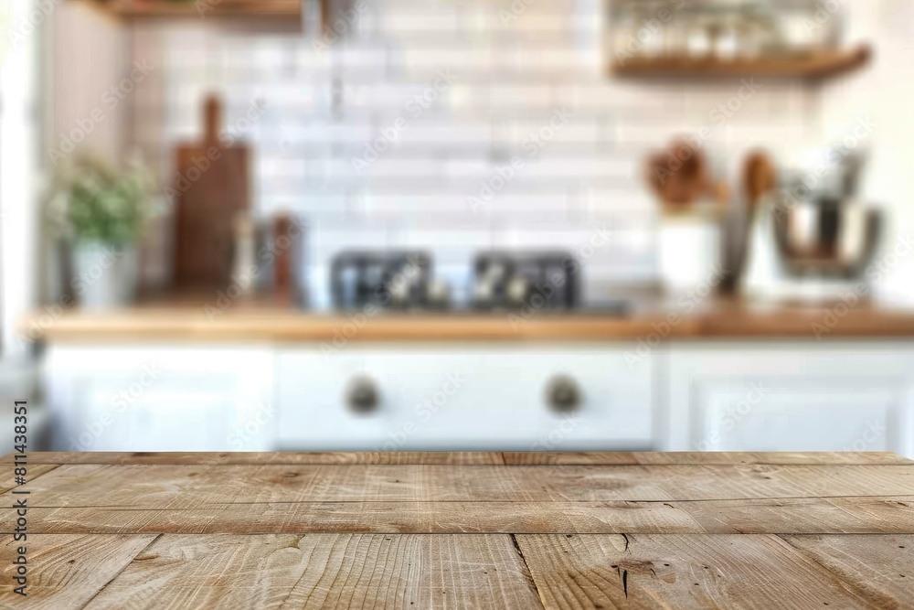 Wood table top on blur kitchen counter (room)background.For montage product display or design key visual layout - generative ai Wood table top on blur kitchen counter (room)background.For montage product display or design key visual layout - generative ai