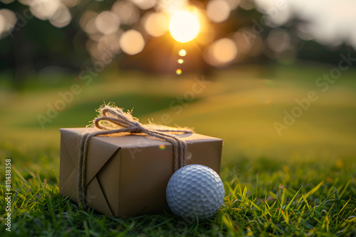 Fathers day gift box and golf ball on field. Suitable for fathers day gift advertisement or promotion.